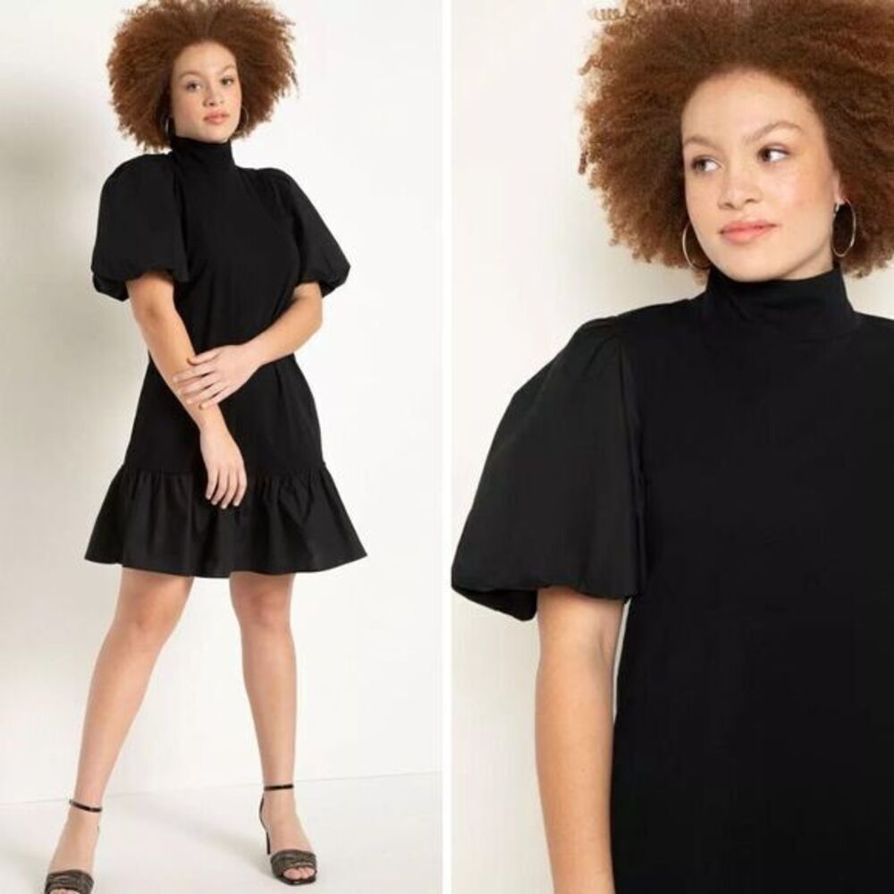 NEW Eloquii black T Neck Easy Dress With Flounce, 26‎